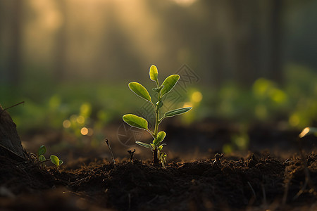 晨光下的幼小植物特写图图片