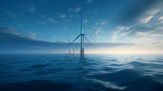 海洋中宏伟的风力发电机背景图片