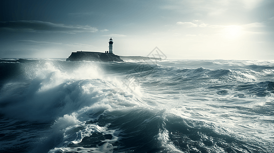 海洋巨大波浪中的灯塔图片