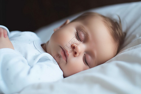 可爱的男婴睡在床上的特写肖像图片