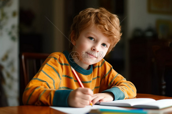 小男孩做家庭作业特写镜头图片