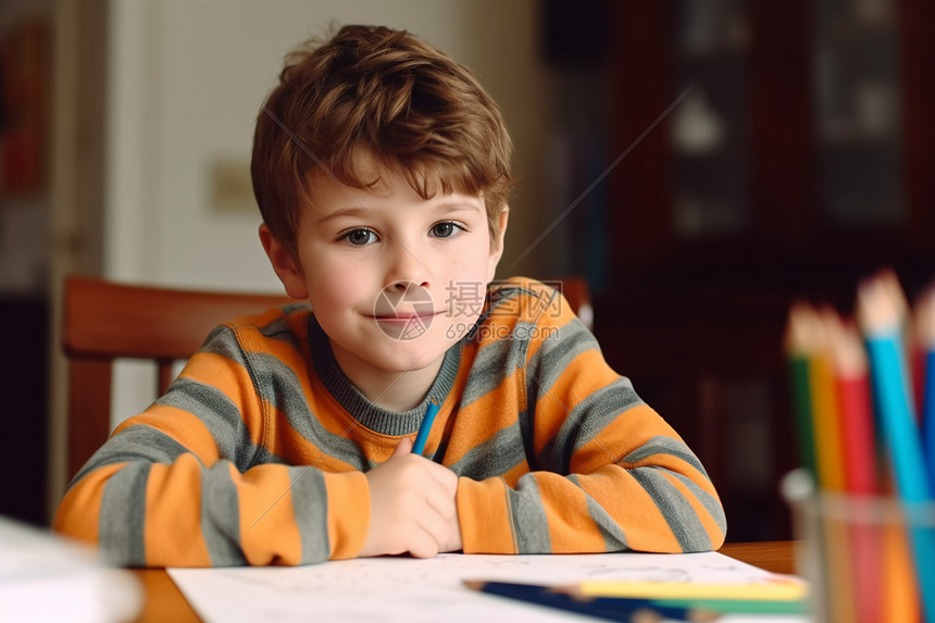 小男孩做家庭作业图片