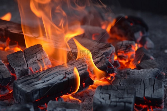 烤架上燃烧的木炭特写图图片