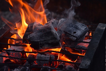 烤架上燃烧的木炭图片