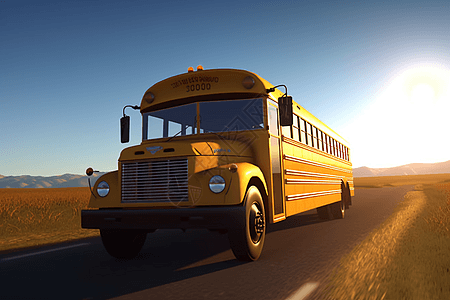 蓝天下行驶的校车3D概念图背景图片