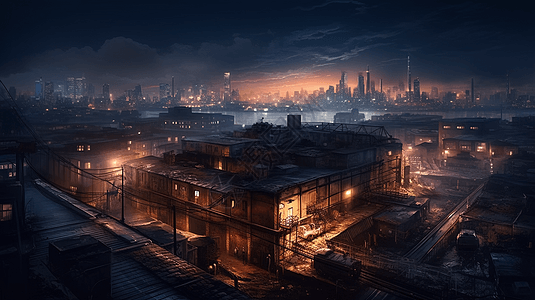 城市天际线夜间景观的平面插图图片