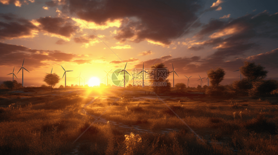 夕阳下田野里的风力发电机图片