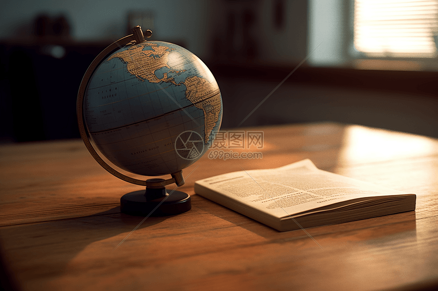 木桌上放着护照的地球仪图片