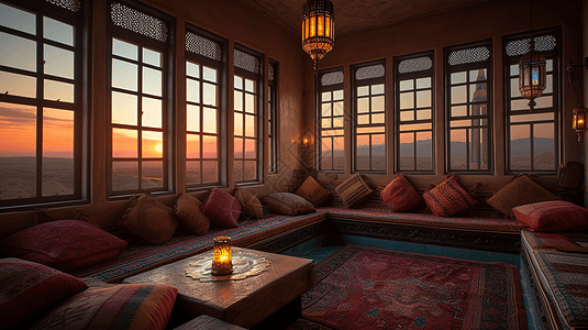 日落风景的客厅图片