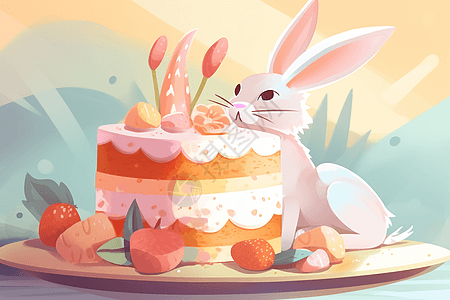小兔子趴在蛋糕上图片