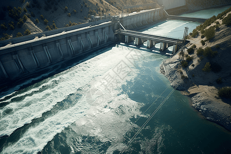山脉中的水力发电站高清图片