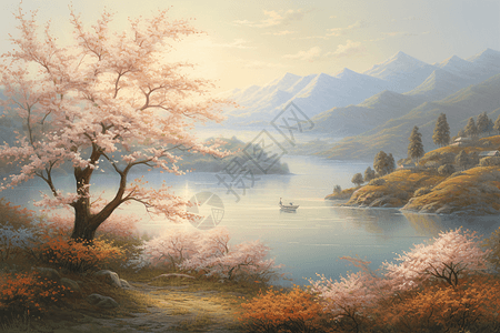 唯美湖边的樱花树图片
