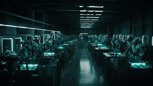 智能机器人在单色工厂环境中，在明亮的霓虹灯下和谐工作。(抽象、未来、高) ，超高清图片