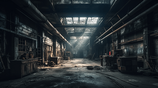 废弃旧工厂废弃的工厂内部3D概念图设计图片