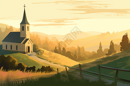 一座风景如画的带尖顶的乡村教堂图片