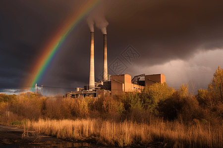 彩虹下的生物质发电厂烟囱图片
