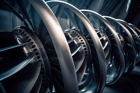 工厂涡轮机全速旋转的低角度镜头图片