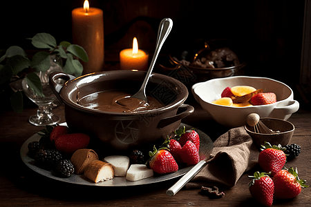 浪漫而放纵的巧克力和水果蘸酱图片