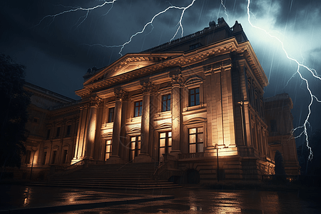 下雨期间的美术馆大楼图片