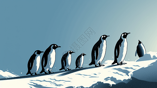 企鹅在白雪的冰面上摇摆图片