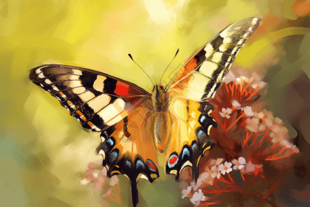一只精致的蝴蝶栖息在阳光明媚的花朵上背景图片