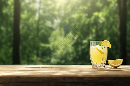 在木制野餐桌上放着一杯清爽的柠檬水图片