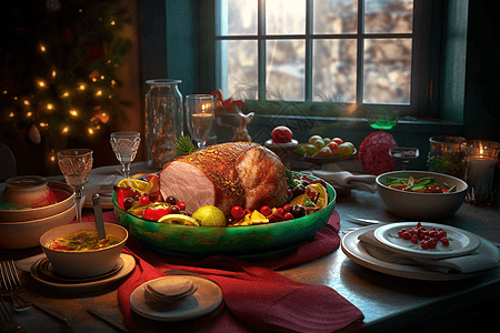 圣诞节日的家庭式餐桌布置背景图片