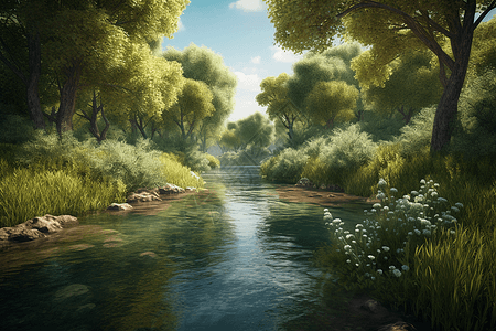 风景如画的乡村河3D概念图图片