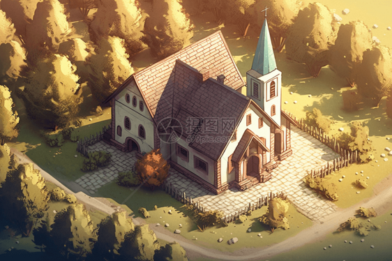 乡村教堂的3D艺术插画图片