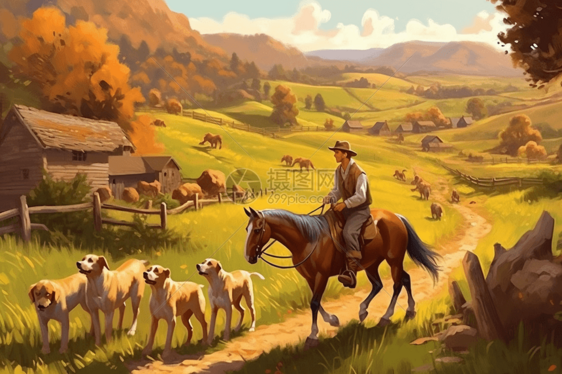 农民骑马穿过田园山谷油画插图图片