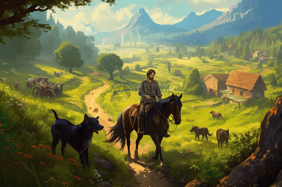农民骑马穿过田园山谷手绘插图图片