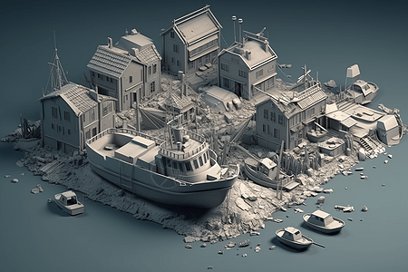海啸灾害城市损毁的3D模型图片