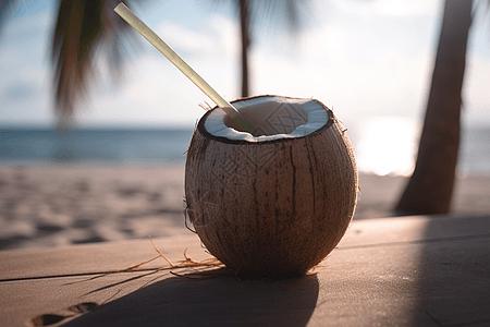 热带清爽椰子搭配吸管图片