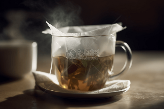 一杯热水中的凉茶袋图片