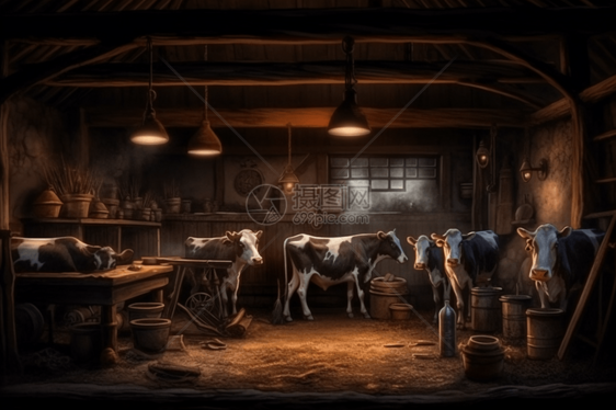农场谷仓中养殖奶牛3D概念图图片