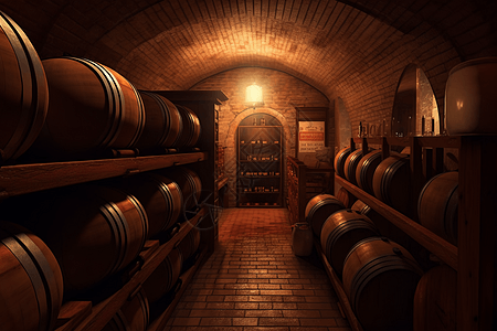 发酵葡萄酒地下酒窖的3D插图图片