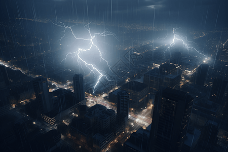 风暴雨闪电风暴击中城市天际线的等距视图设计图片