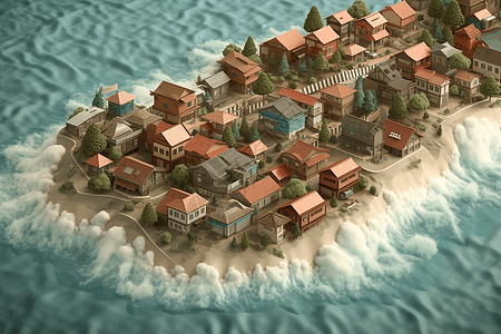 海啸灾害袭击村庄概念模型图片