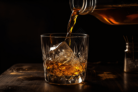 一瓶威士忌倒入岩石玻璃杯中享用图片