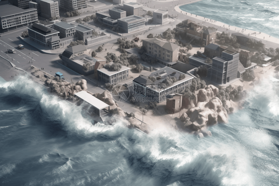风暴潮对城市破坏的3D模型图片