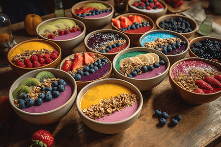 彩色冰沙碗上放着水果和麦片图片