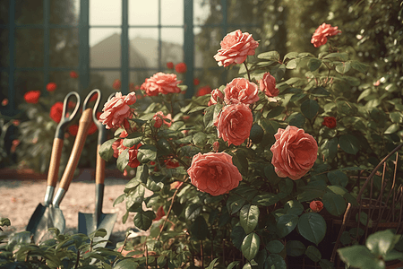 种植玫瑰修剪花园中的玫瑰灌木设计图片