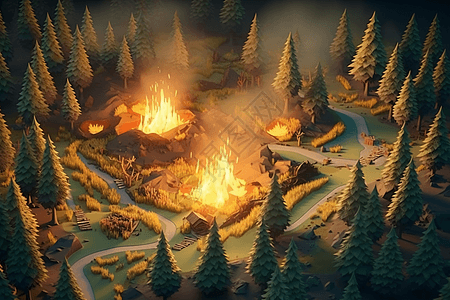 森林重点熊熊野火3D概念插图图片