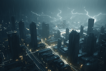 雷暴包围的未来派城市概念图图片