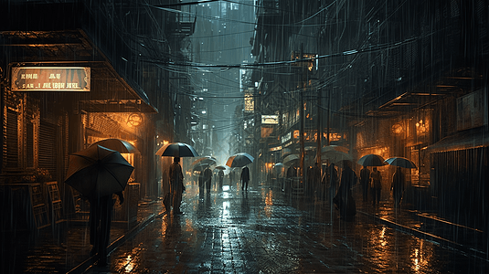 未来城市雨中街景图片