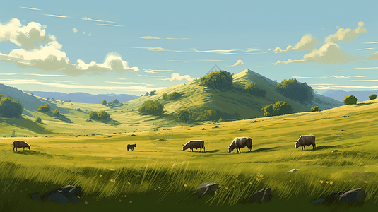 在草原吃草的奶牛图片