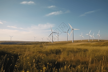 草原上的风车发电厂图片