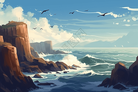 海鸥盘旋在海岸边图片