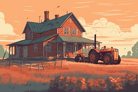乡村农田: 被绿色田野包围的农舍，前景是拖拉机。平面插图风格，渲染和照明最少。，全高清图片