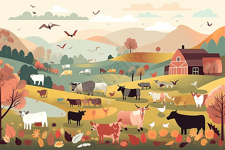 丘陵上的农场动物背景图片